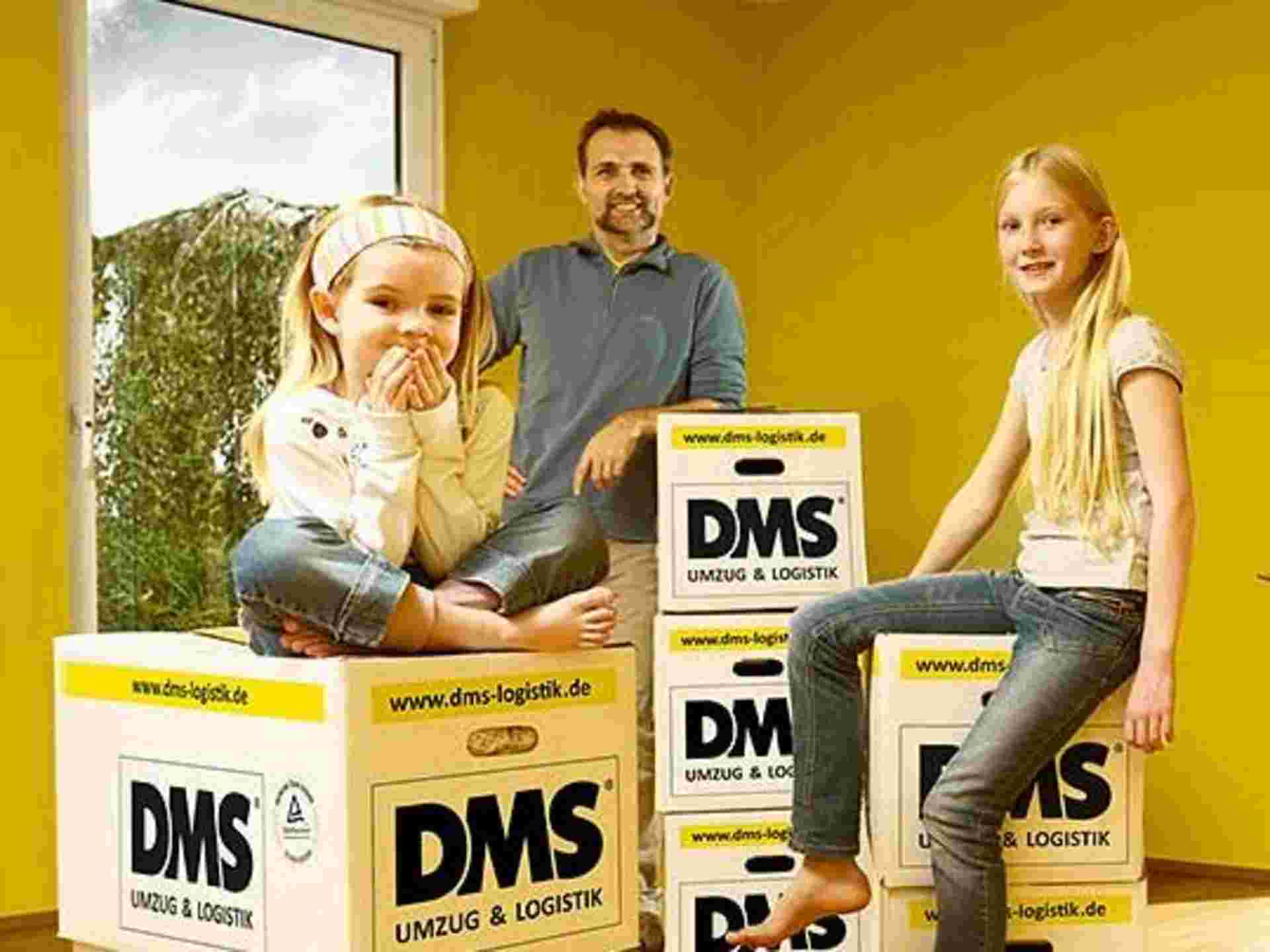 Family with children are sitting on packed moving boxes during their private move